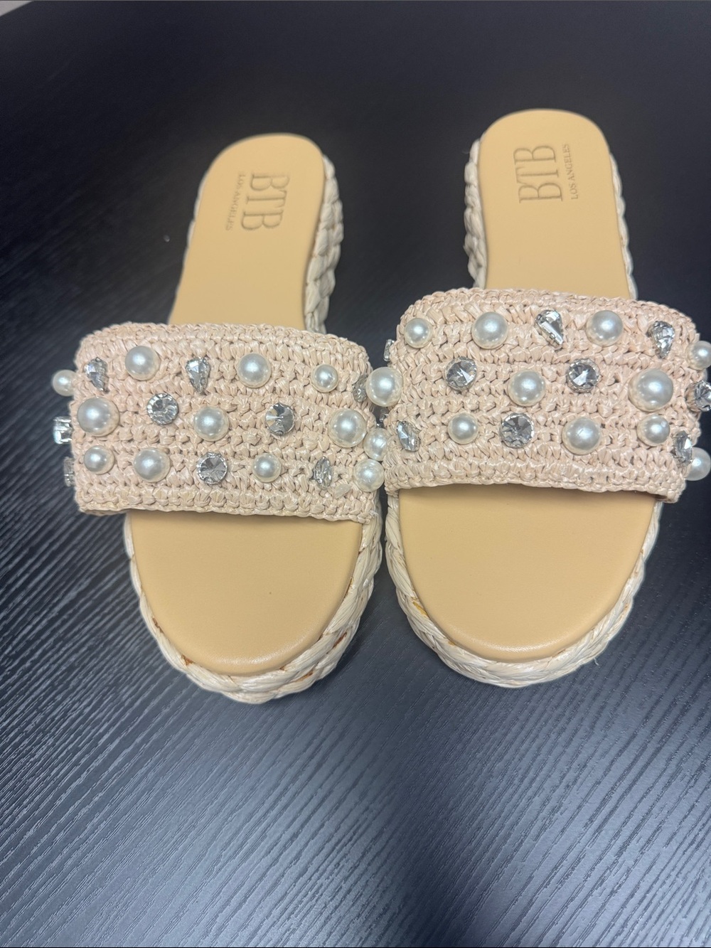 Beaded Crochet Espadrille Slides in Nude by BIB